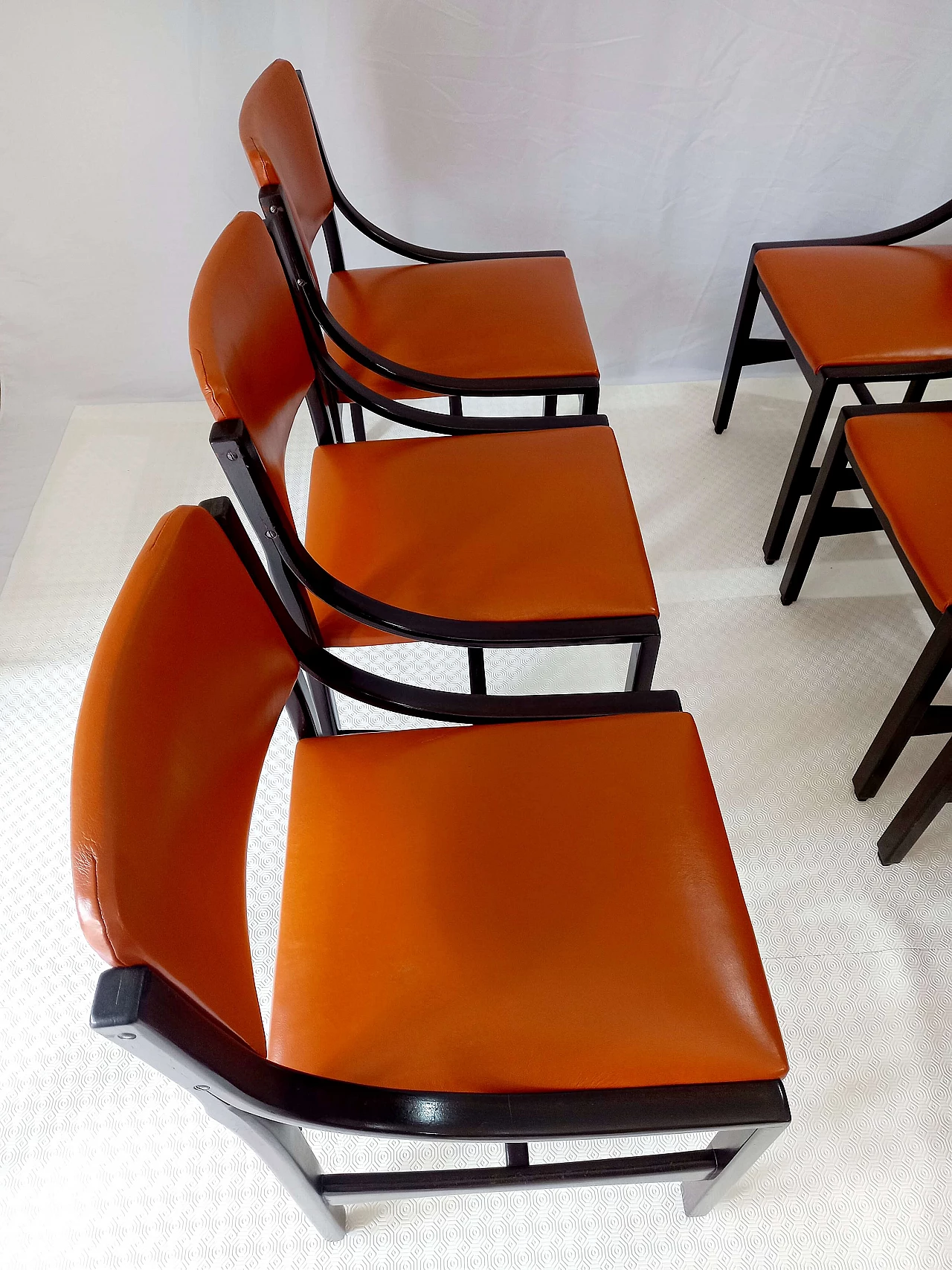 6 Orange and rosewood leather dining chairs, 1970s 3