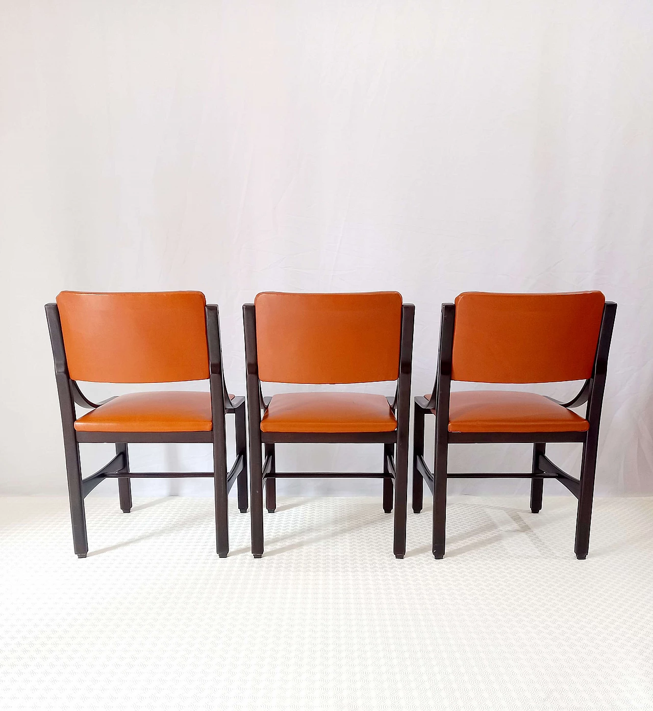 6 Orange and rosewood leather dining chairs, 1970s 13