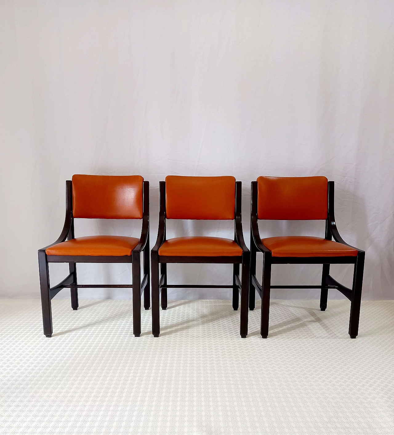 6 Orange and rosewood leather dining chairs, 1970s 14