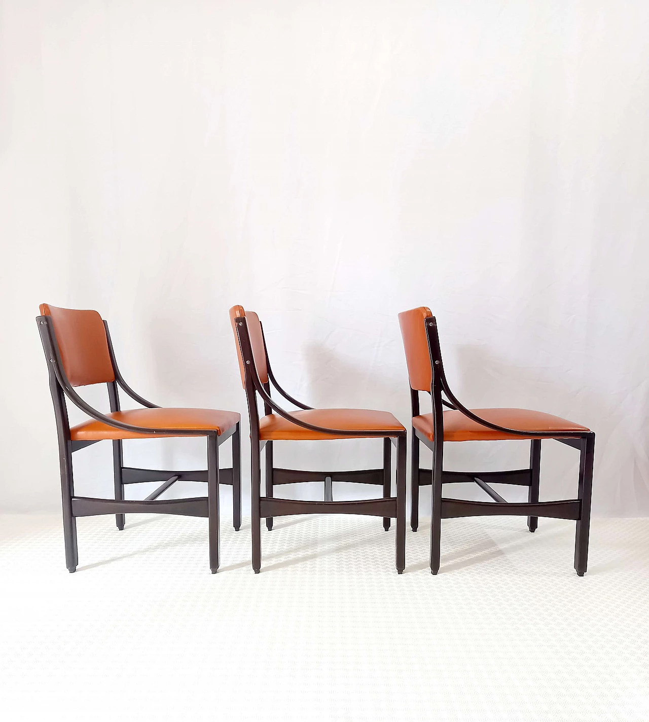 6 Orange and rosewood leather dining chairs, 1970s 15