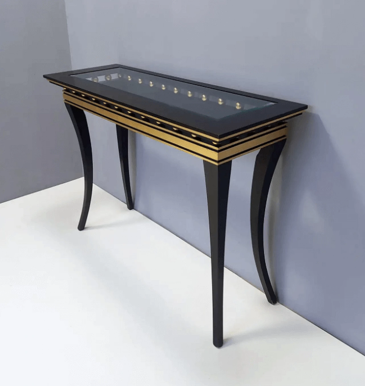 Rectangular ebonized beech console by Roberto Ventura with crystal top, 2000s 9