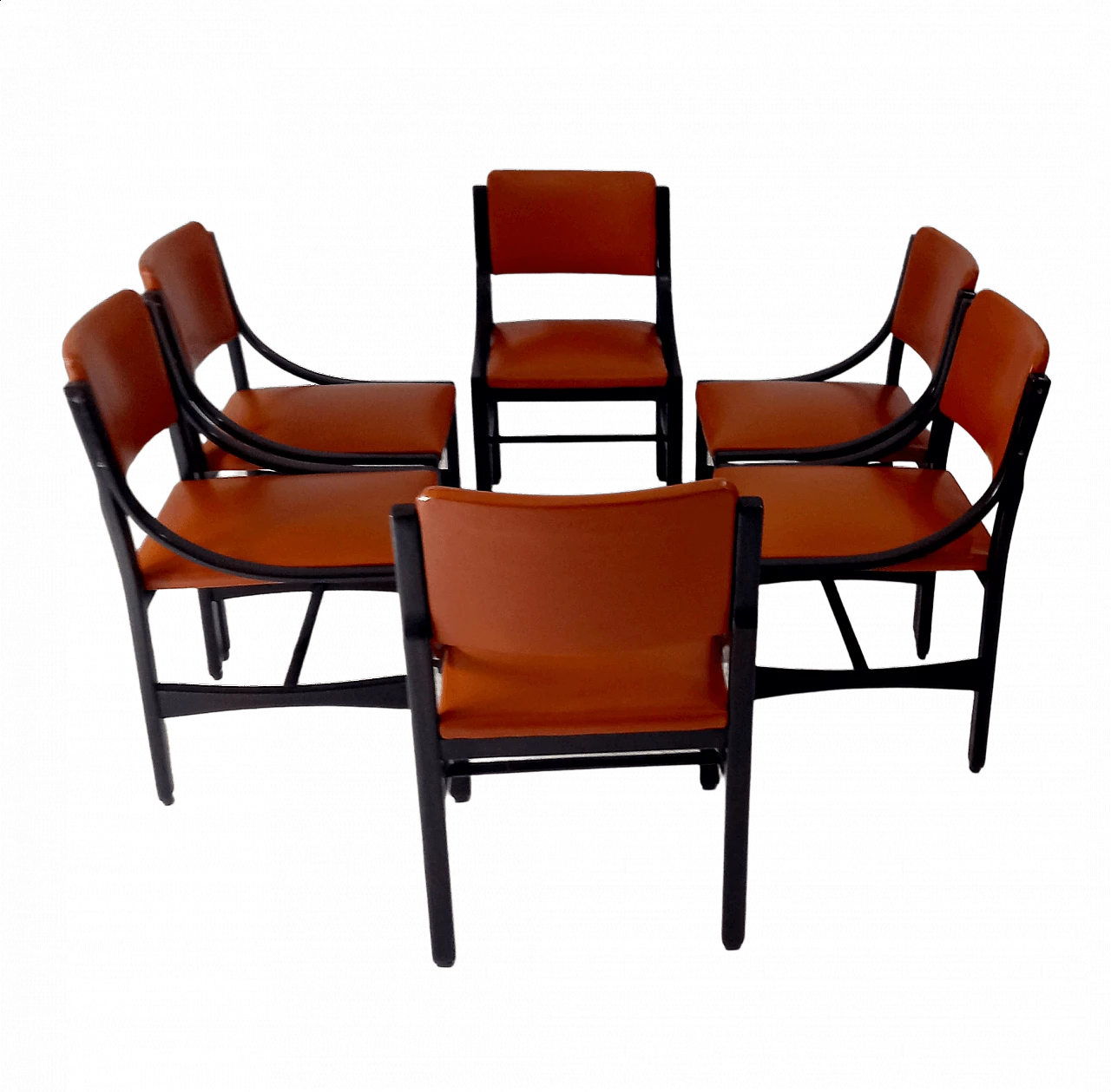 6 Orange and rosewood leather dining chairs, 1970s 32