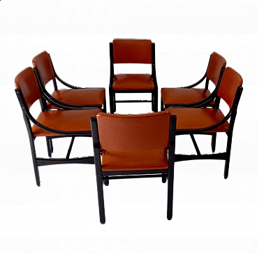 6 Orange and rosewood leather dining chairs, 1970s