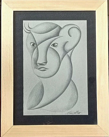 Pencil on cardboard Face with big ears by Erto Zampoli, 1960s