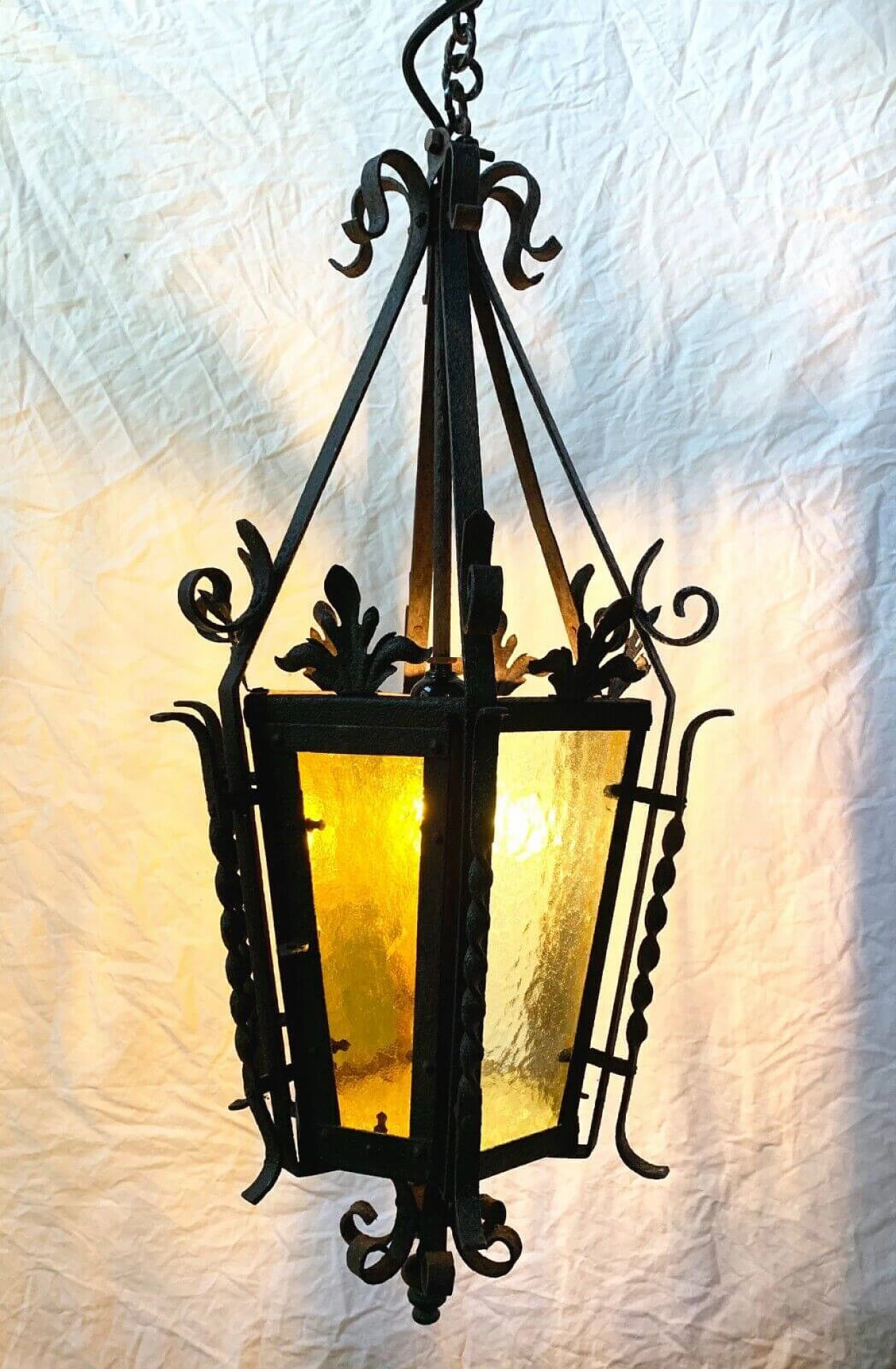 Iron and stained glass lantern chandelier, 1940s 1