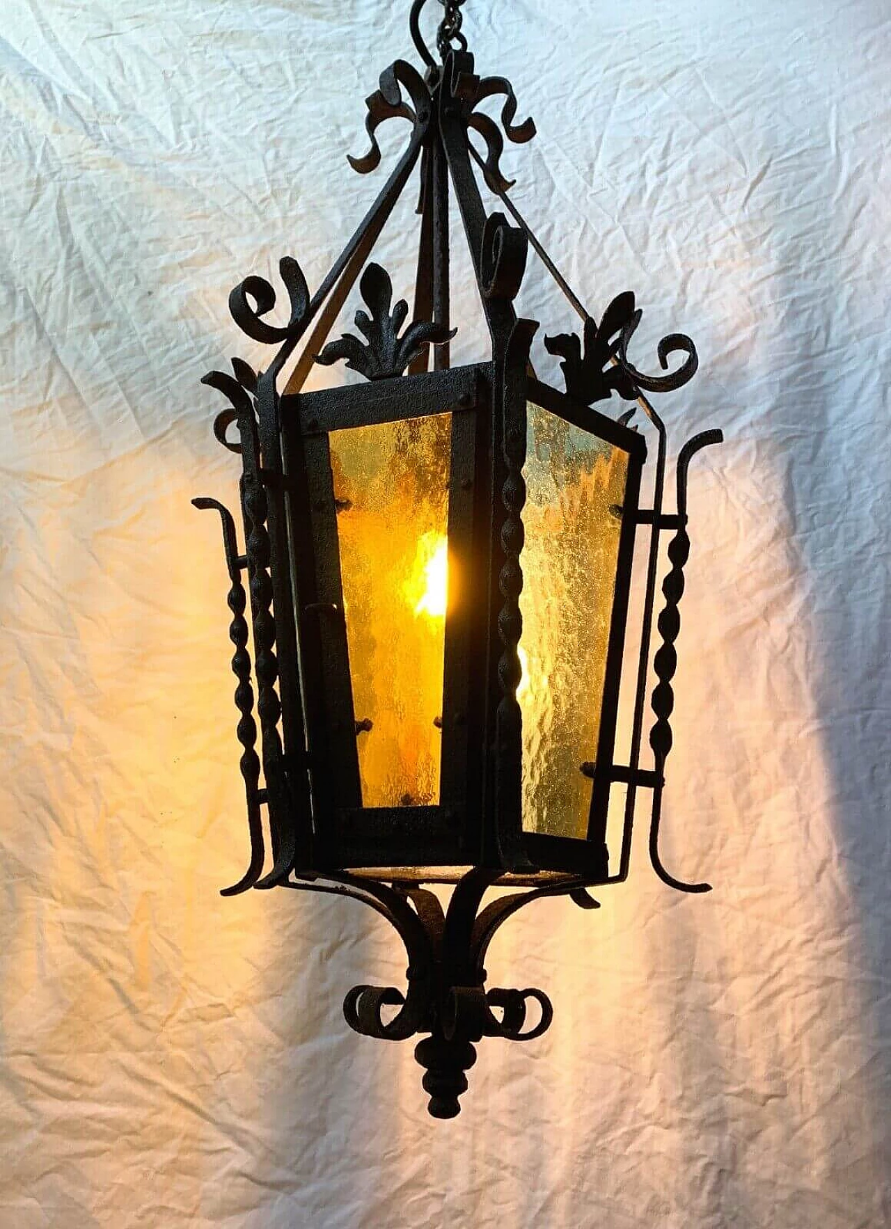 Iron and stained glass lantern chandelier, 1940s 2