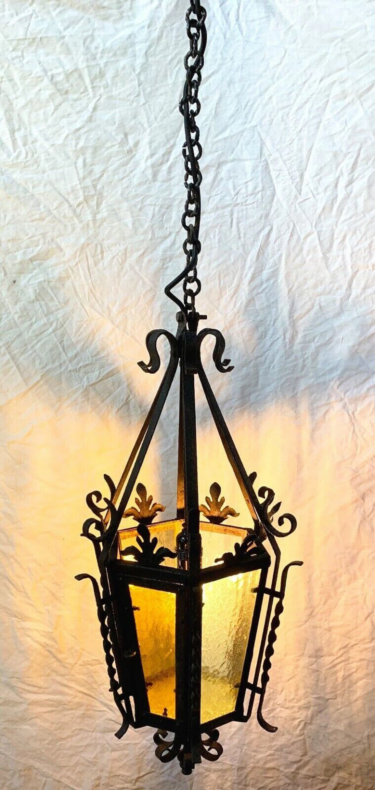 Iron and stained glass lantern chandelier, 1940s 3