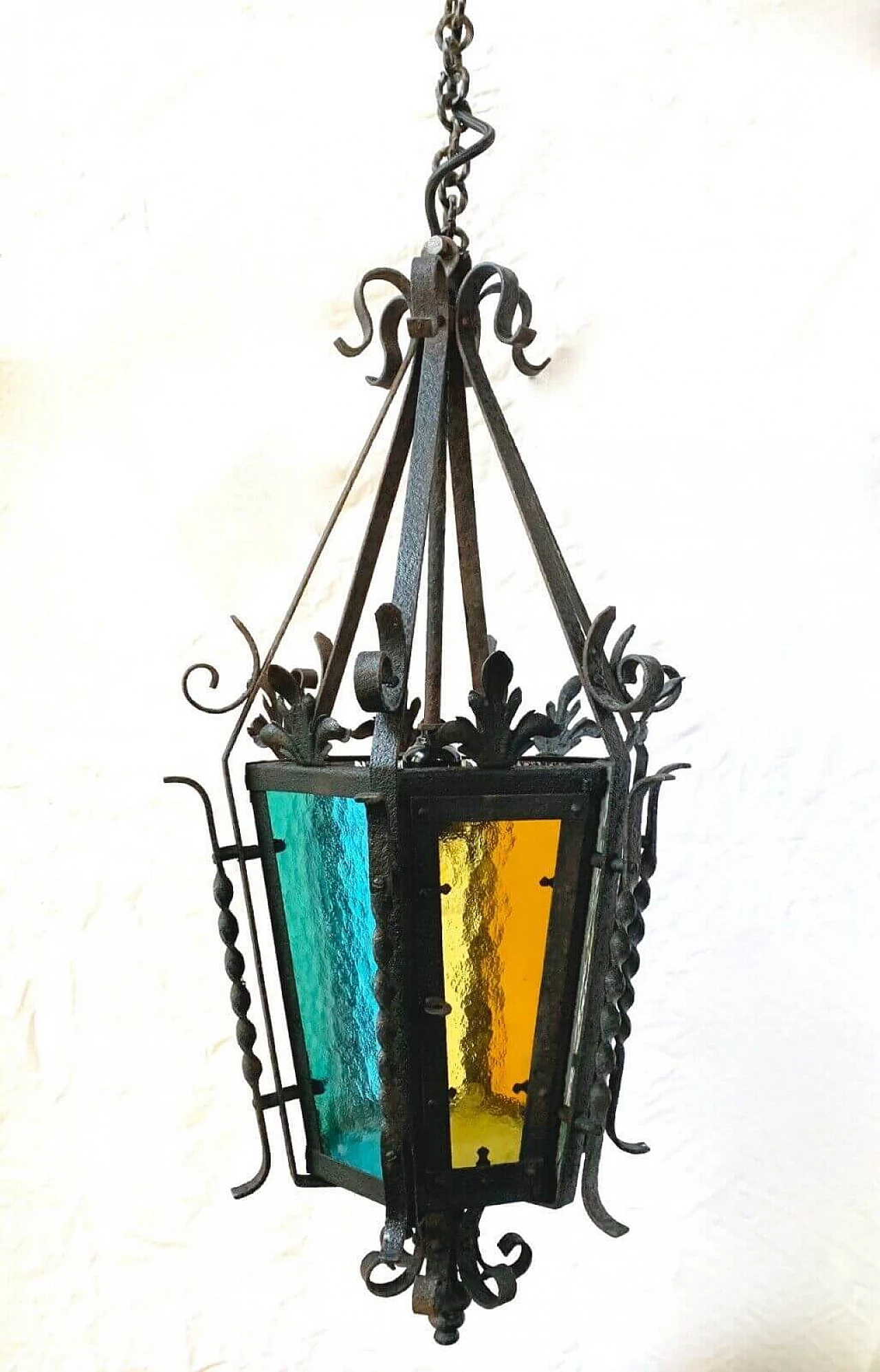 Iron and stained glass lantern chandelier, 1940s 4