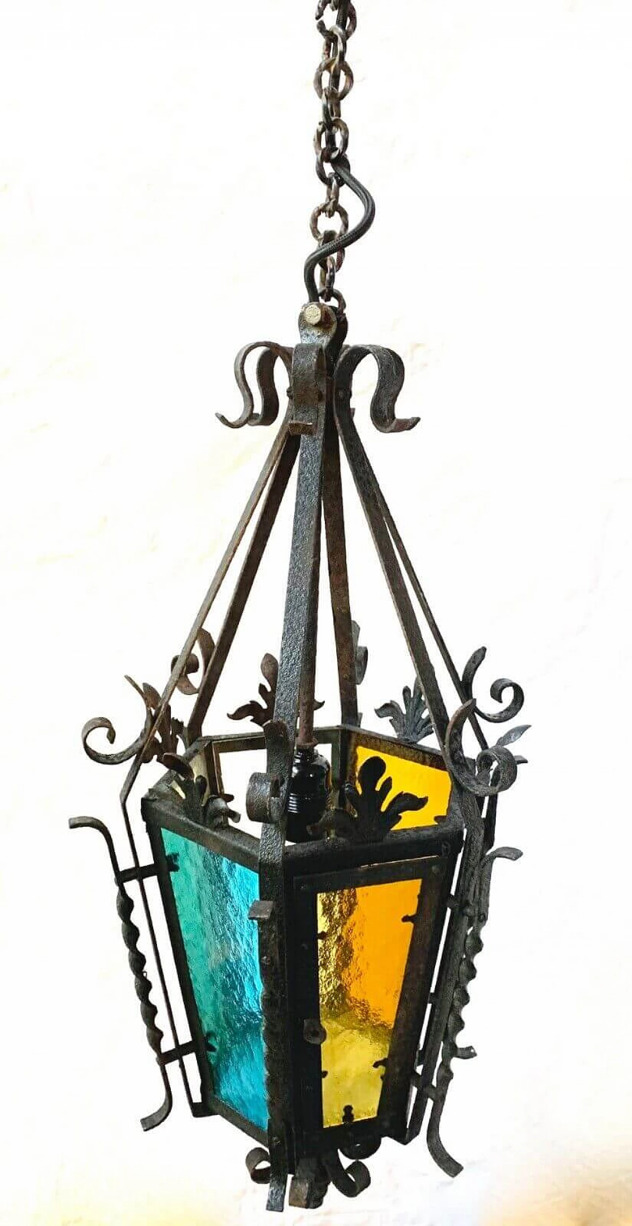 Iron and stained glass lantern chandelier, 1940s 5