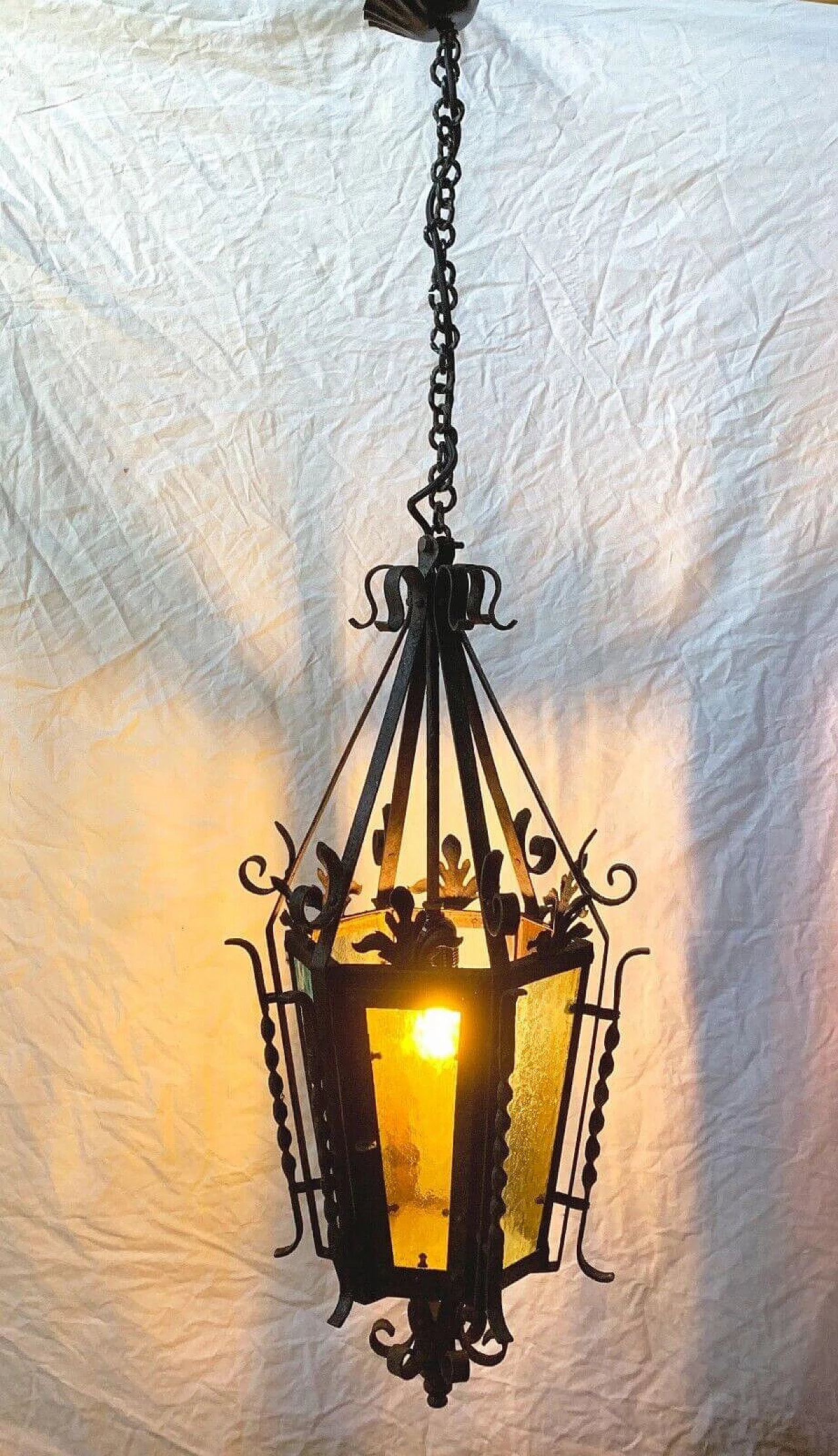 Iron and stained glass lantern chandelier, 1940s 6