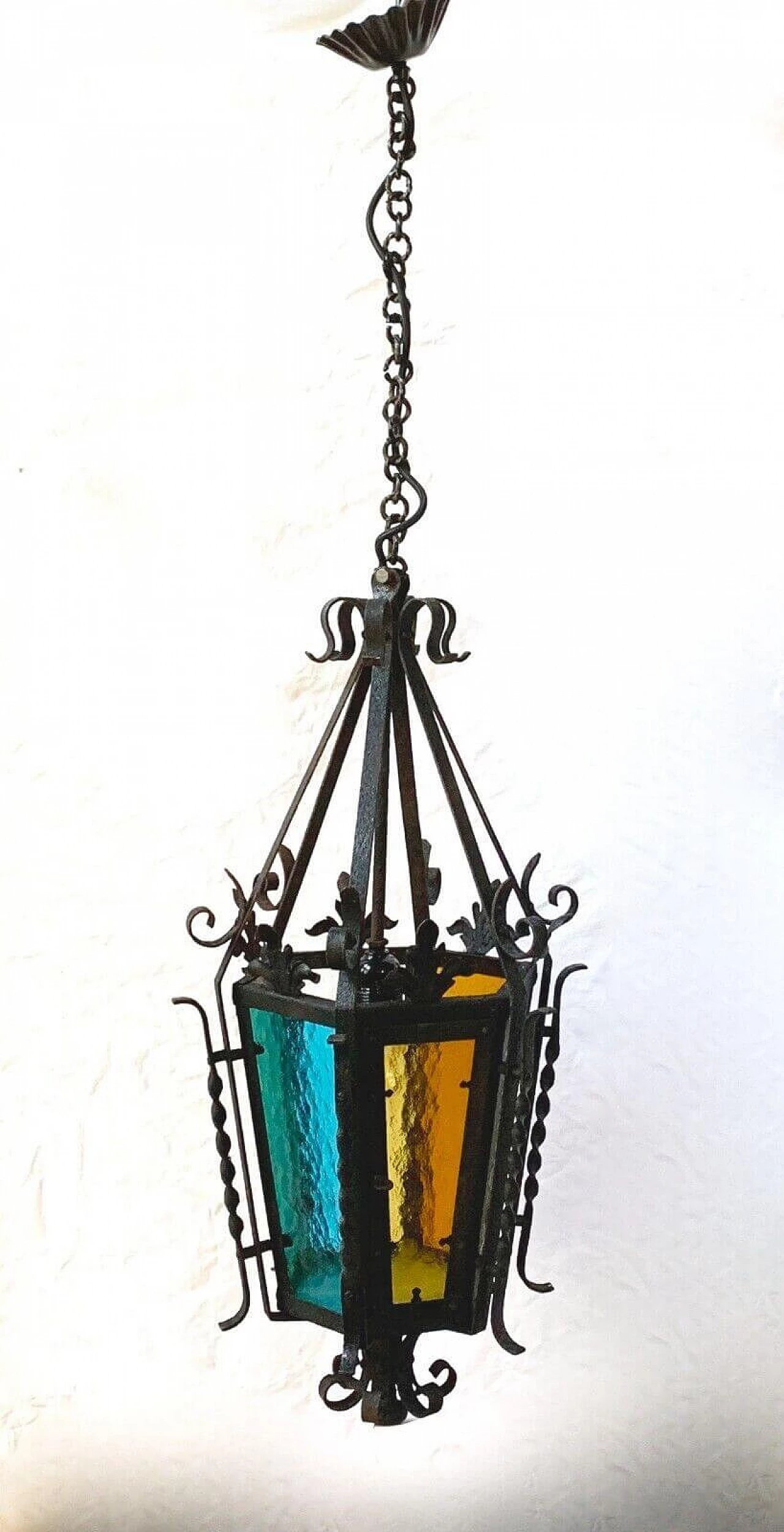 Iron and stained glass lantern chandelier, 1940s 7