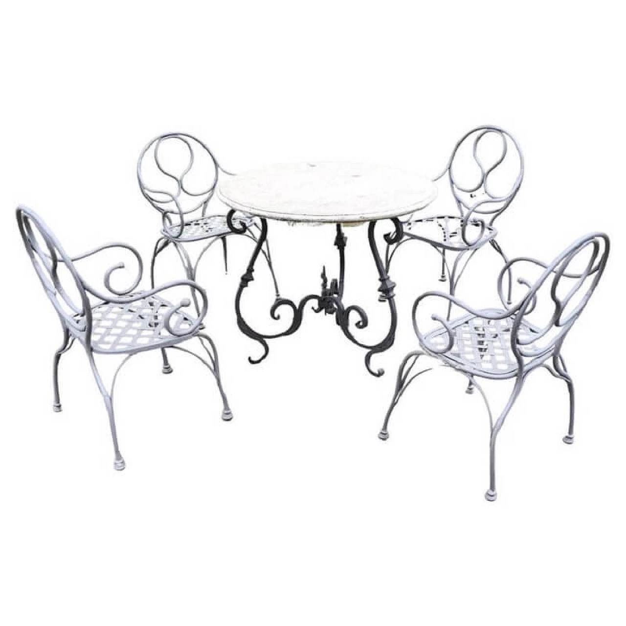 Wrought iron table and chairs with marble top, 20th century 1