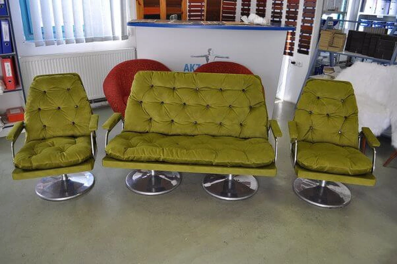 Pair of armchairs and sofa in green fabric, 1960s 5