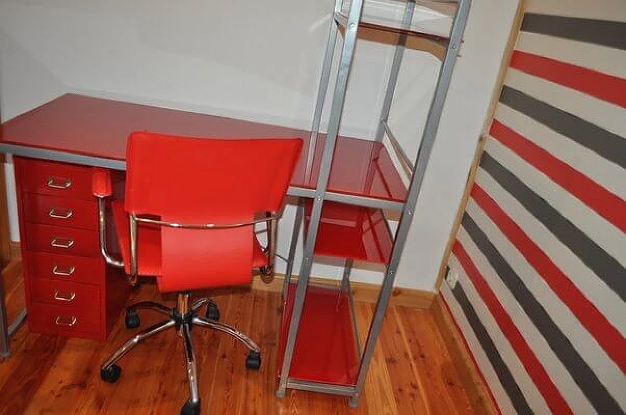 Bauhaus red desk with chair and cabinet in metal, 1990s 2