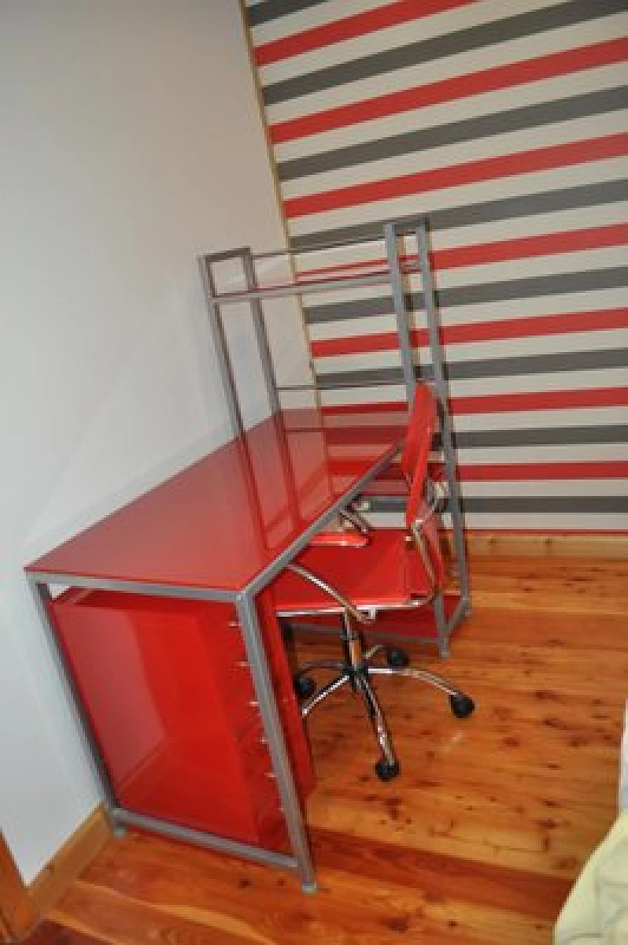 Bauhaus red desk with chair and cabinet in metal, 1990s 4