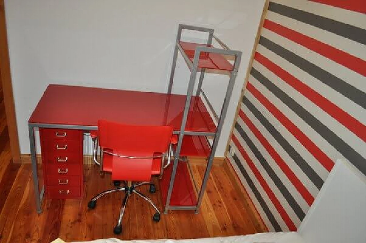 Bauhaus red desk with chair and cabinet in metal, 1990s 9