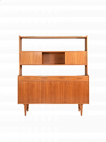 Credenza in teak con ante scorrevoli e doppio ripiano, anni '60