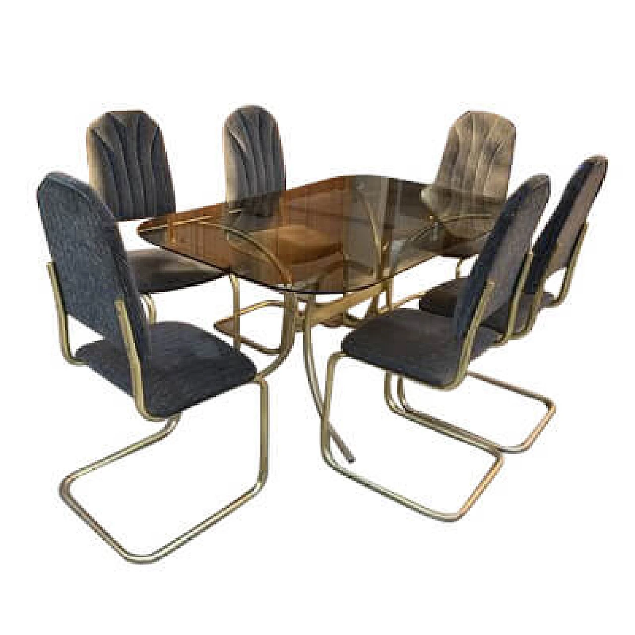 Dining table in glass with 6 chairs in brass, 1970s 8