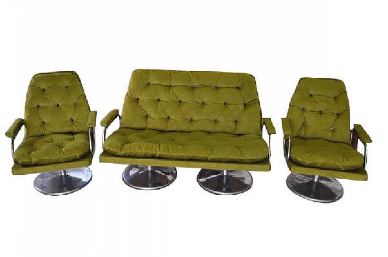 Pair of armchairs and sofa in green fabric, 1960s 14