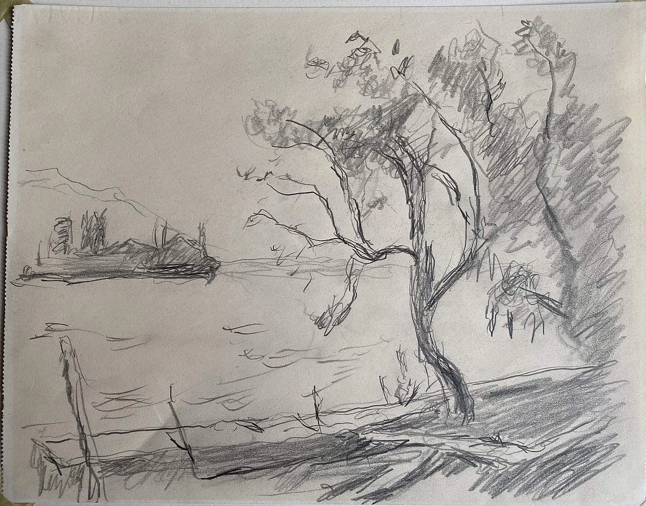 Lago d'Iseo by Arturo Tosi, pencil on paper, 1940s 1