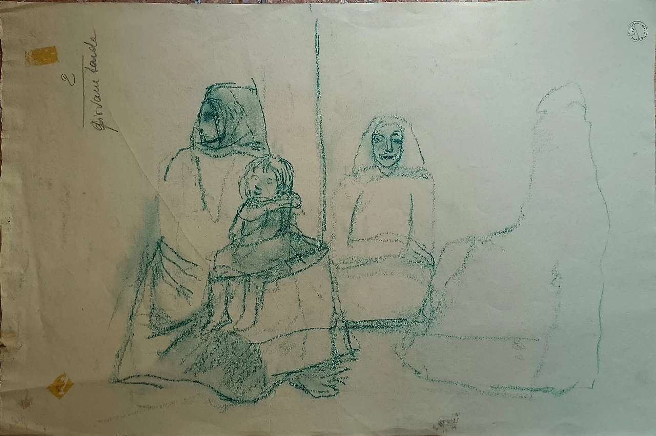 Disegno a gessetto Giovane sarda e Gruppo di donne di Penagini, '900 1