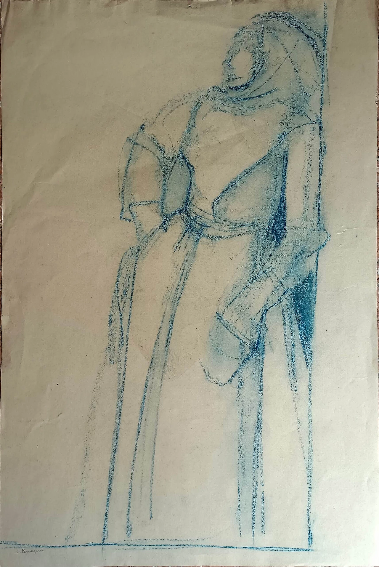 Disegno a gessetto Giovane sarda e Gruppo di donne di Penagini, '900 2