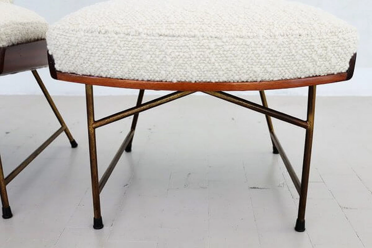 Pair of chairs and footstool in oak, metal and white bouclé, 1950s 8