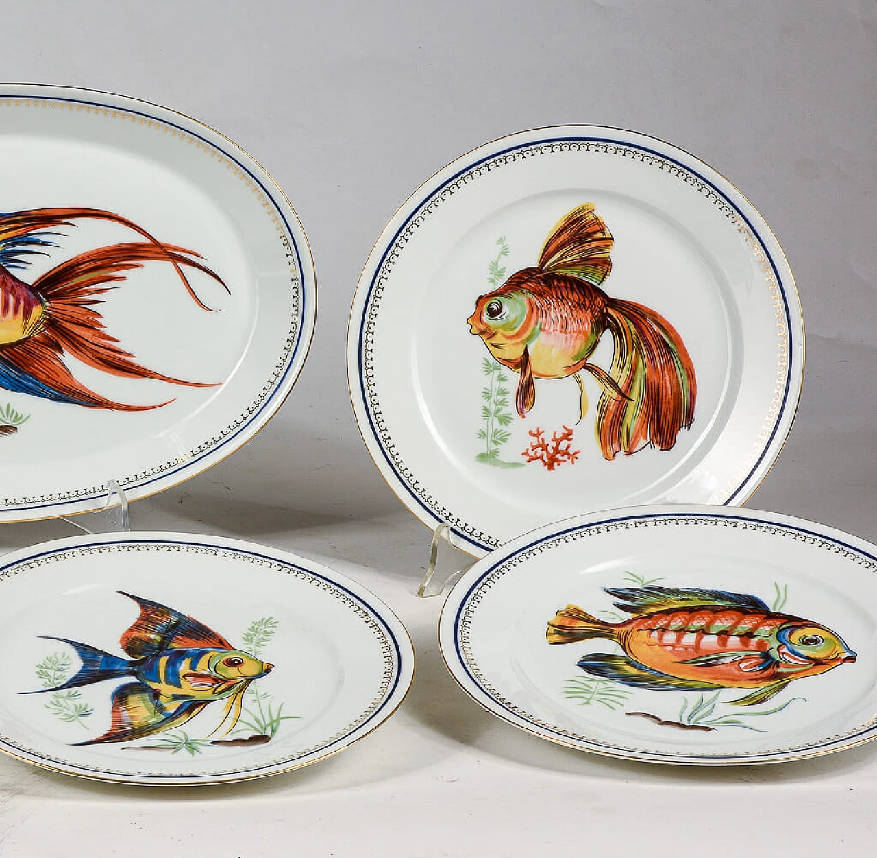 Vintage Ceramic Fish Plate Set - 2 Dinner Plates and 2 Side Bone Condiment Bowls Dishes - 1974 discount 1970s - White Brown Speckled