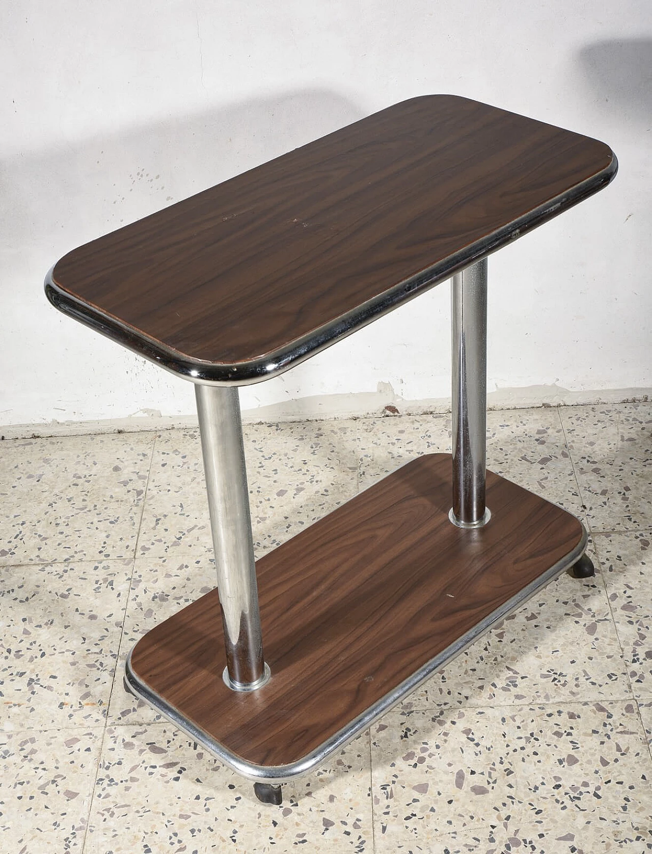 Small table with wheels in wood and chrome-plated steel, 1980s 1