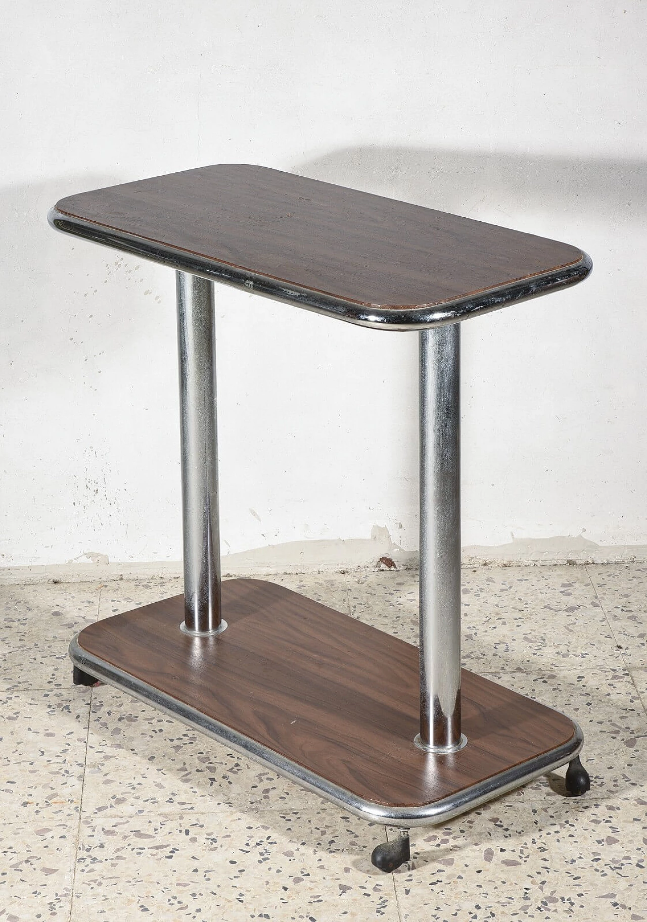 Small table with wheels in wood and chrome-plated steel, 1980s 5