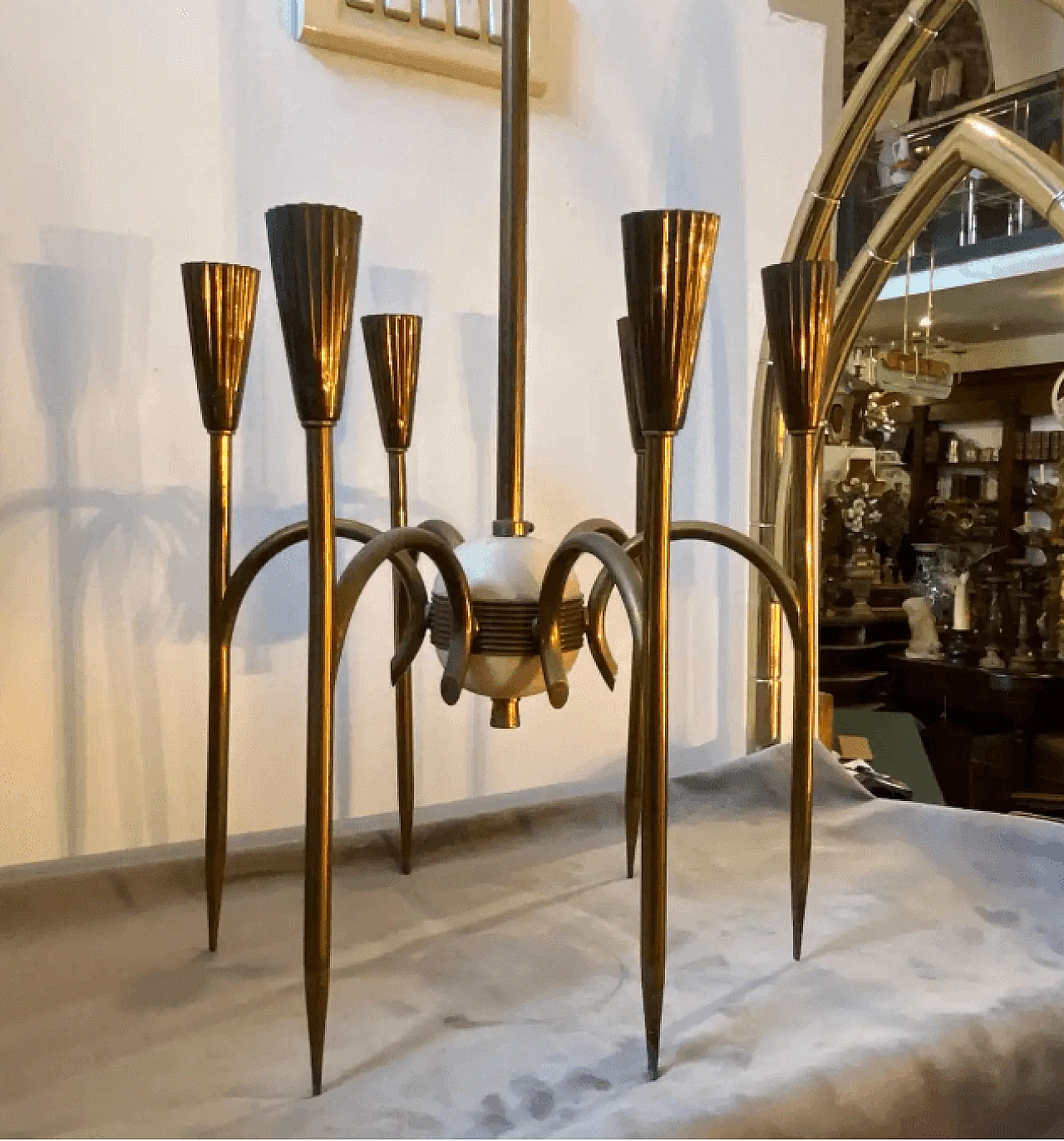 Solid brass chandelier in the style of Oscar Torlasco, 1950s 5