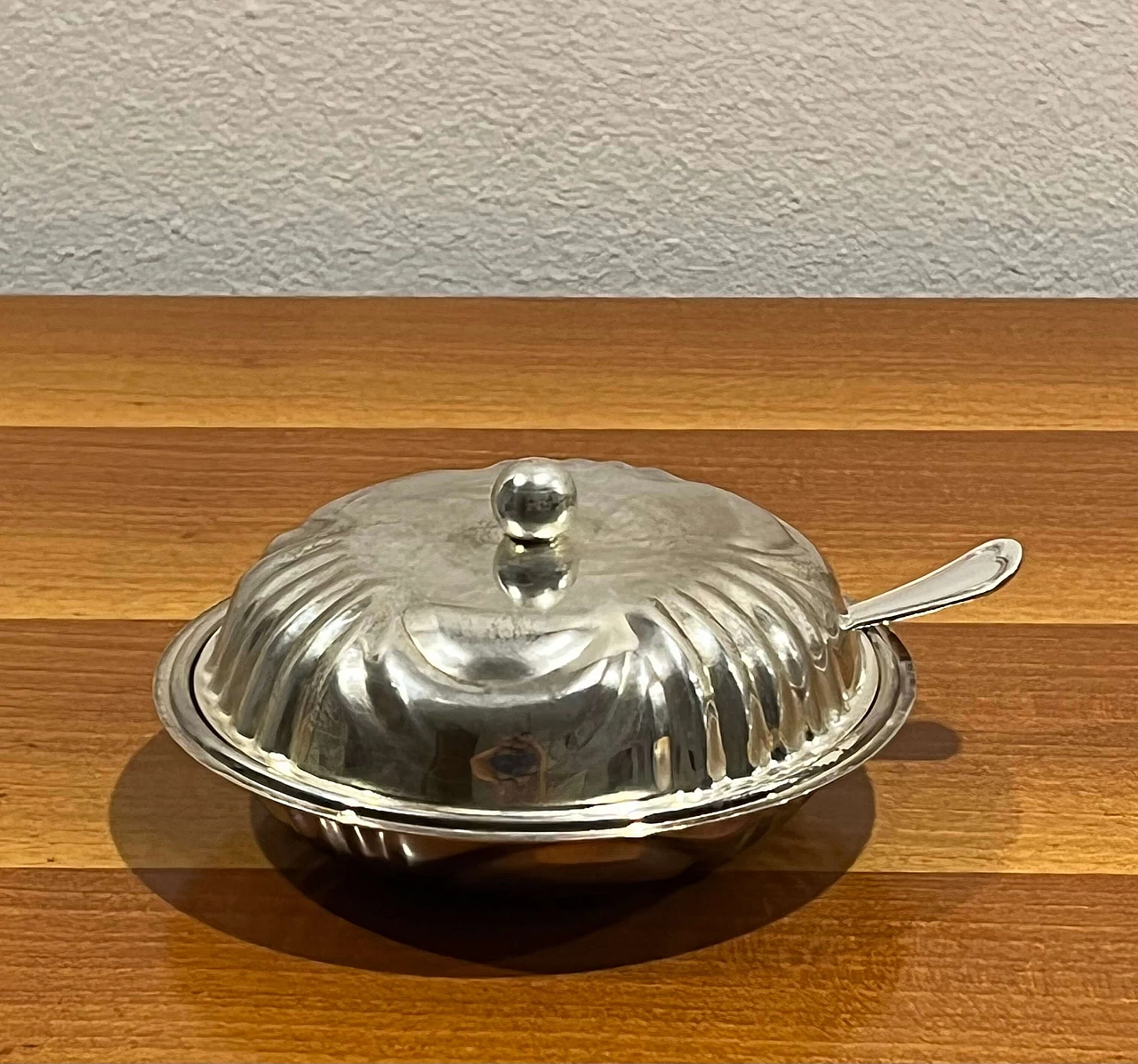 Silver-plated bowl with lid and spoon, 1940s 1