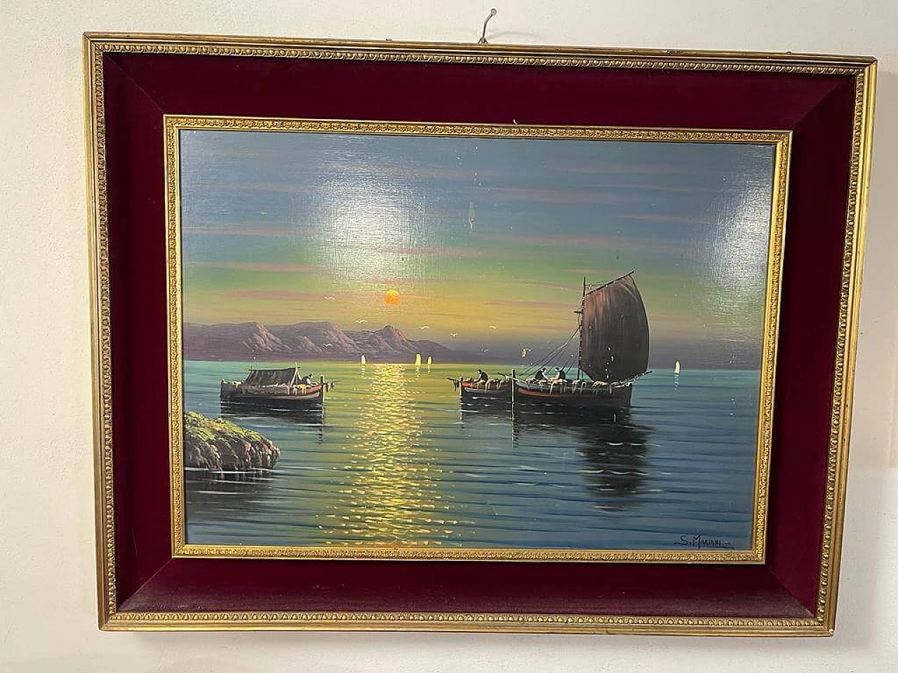 Olio su tela di paesaggio marittimo di Mariani, anni '60 1