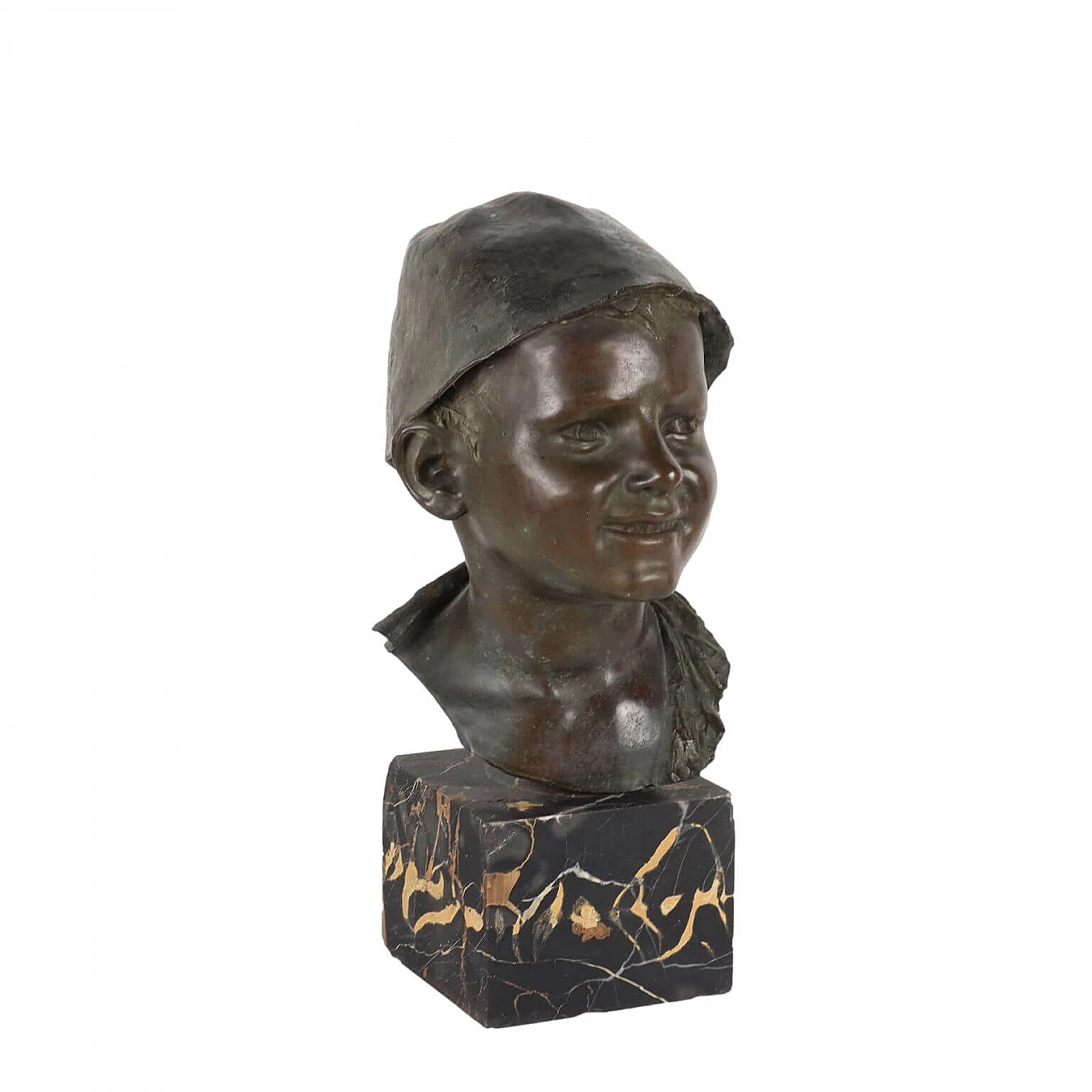 Giovanni De Martino, bust of boy, bronze on black marble base, early 900s 1