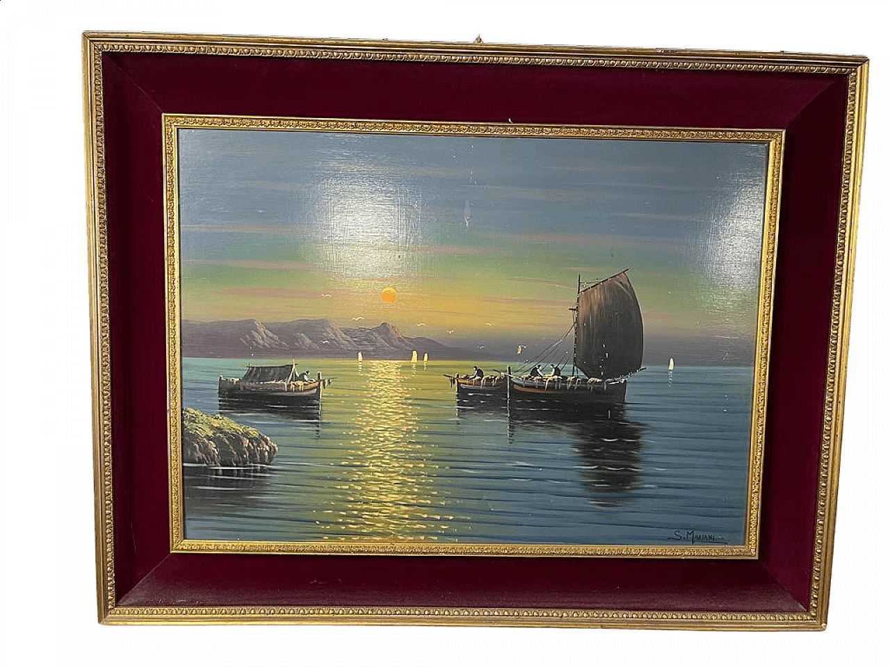 Olio su tela di paesaggio marittimo di Mariani, anni '60 4