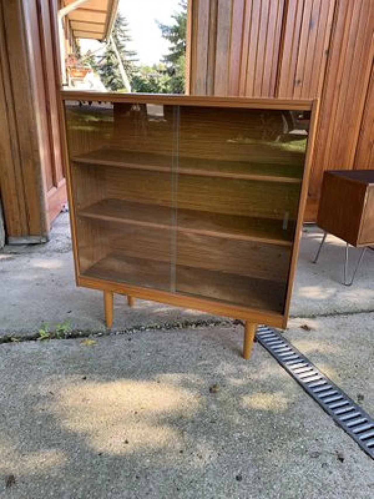 Wooden bookcase with sliding glass doors, 1960s 1