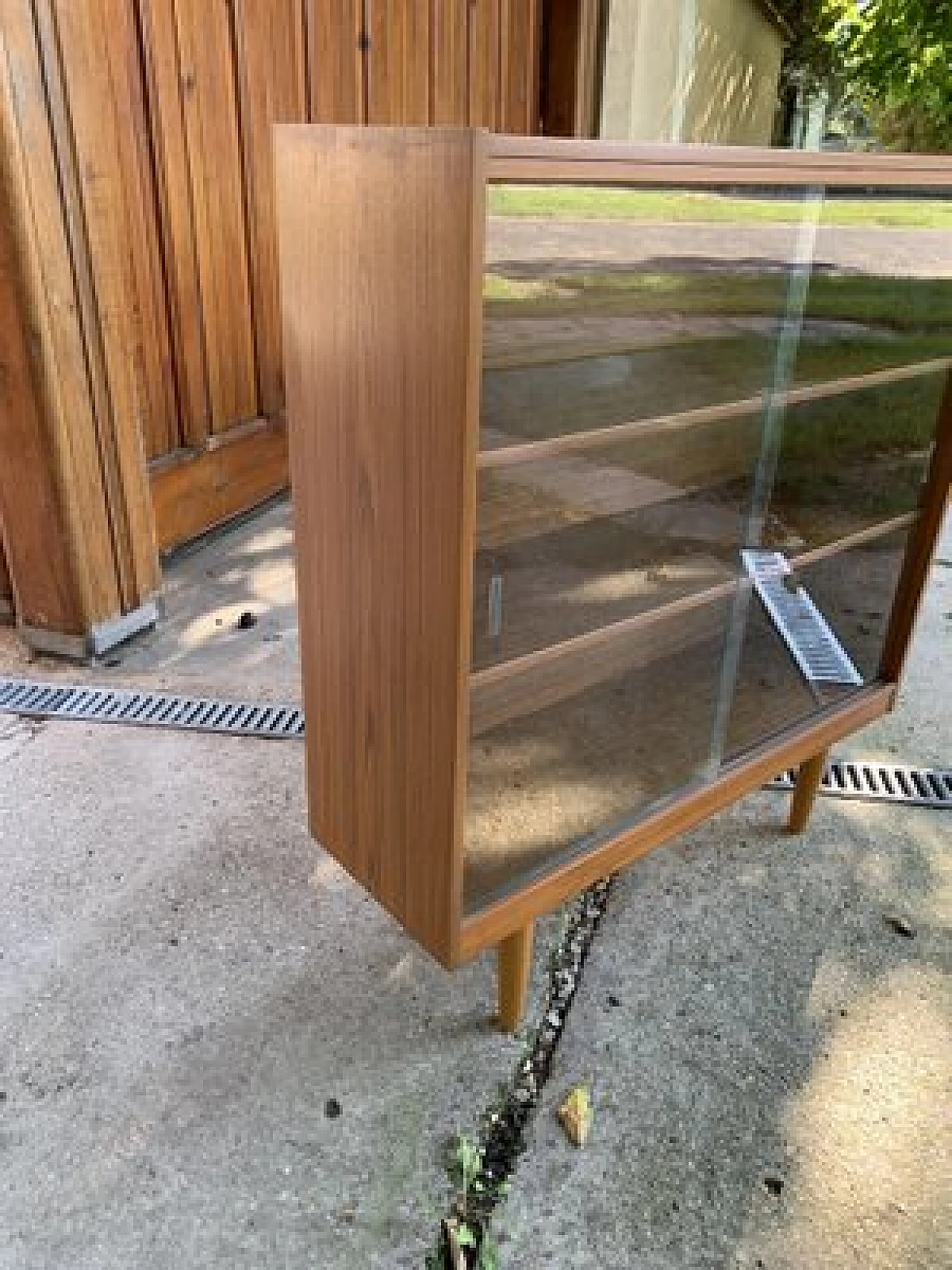 Wooden bookcase with sliding glass doors, 1960s 4