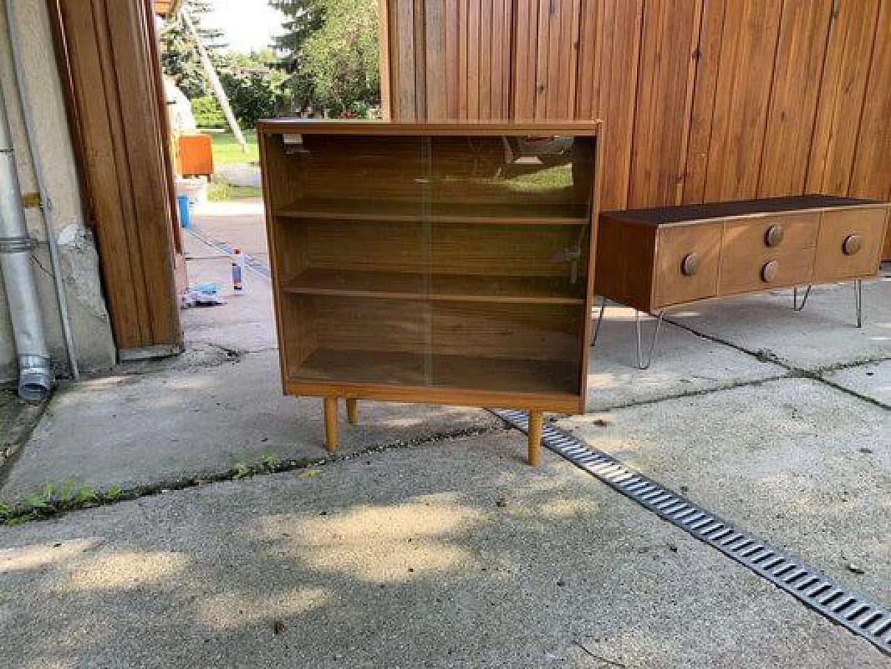 Wooden bookcase with sliding glass doors, 1960s 5