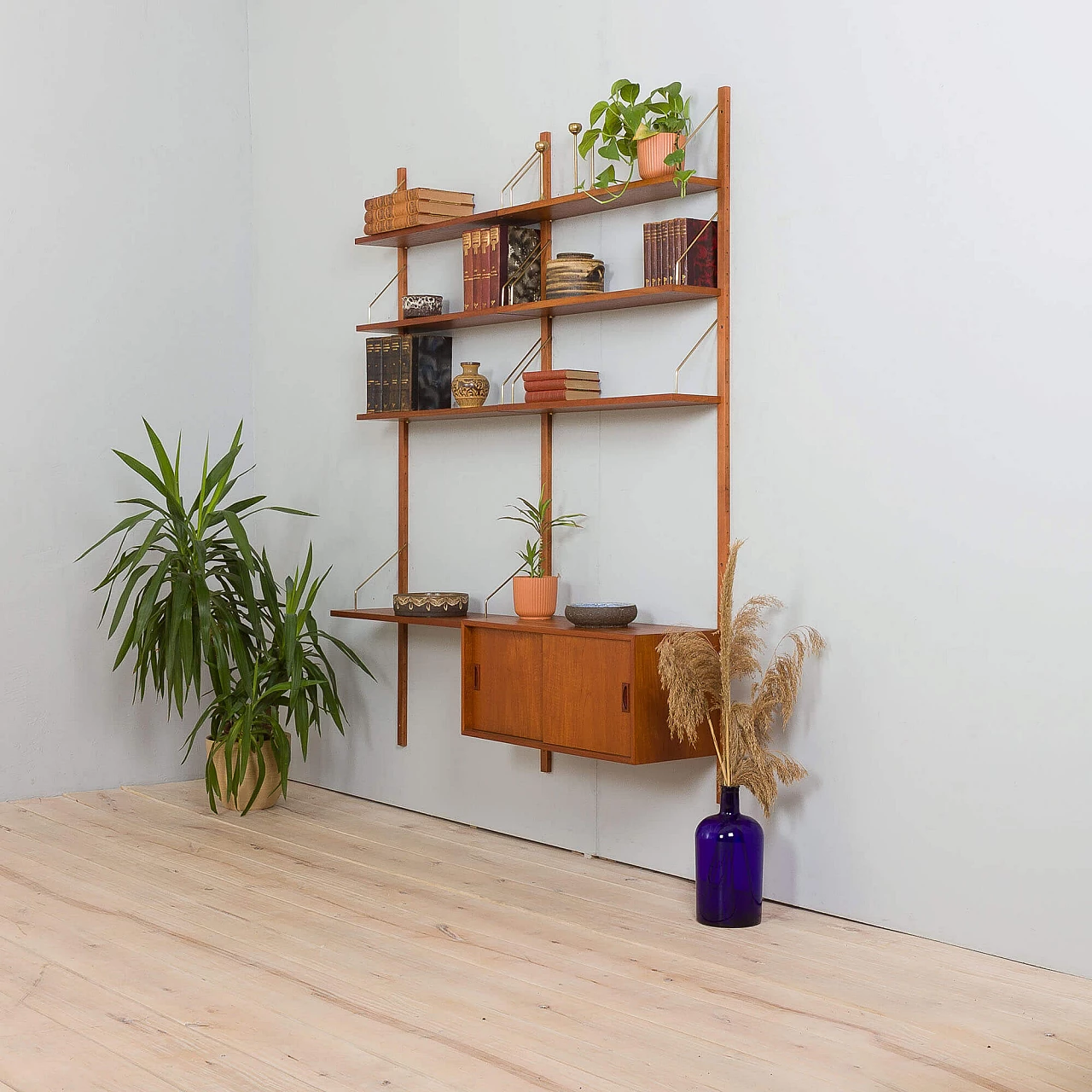 Two-bay teak wall with cabinet and modular shelves in Poul Cadovius style, 1960s 3