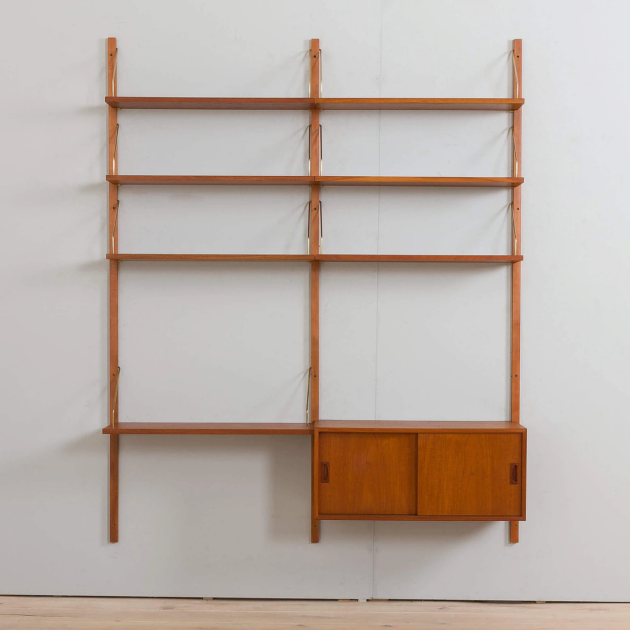 Two-bay teak wall with cabinet and modular shelves in Poul Cadovius style, 1960s 4