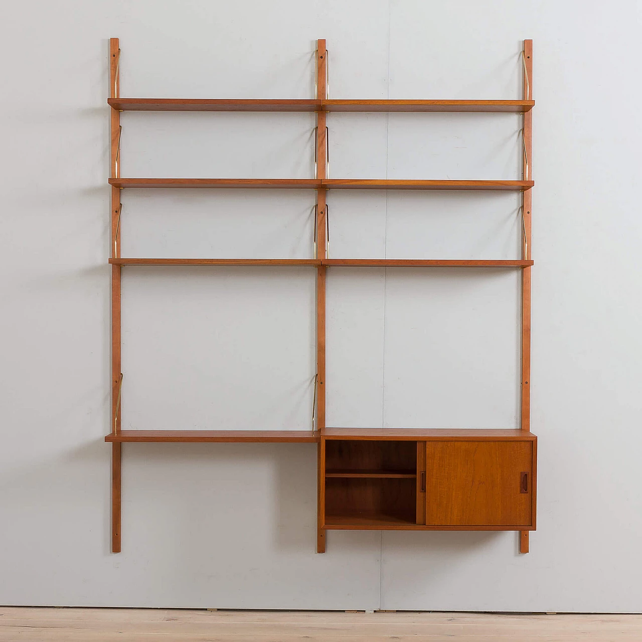 Two-bay teak wall with cabinet and modular shelves in Poul Cadovius style, 1960s 5