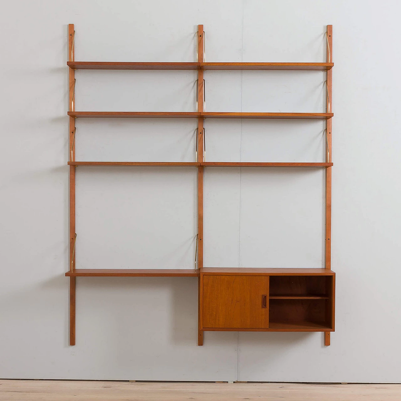 Two-bay teak wall with cabinet and modular shelves in Poul Cadovius style, 1960s 6