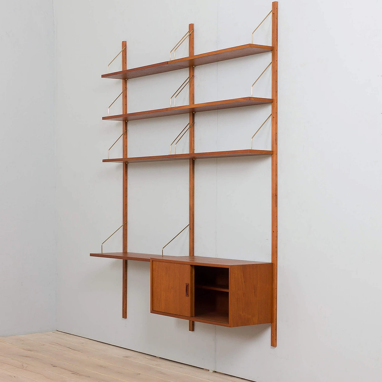 Two-bay teak wall with cabinet and modular shelves in Poul Cadovius style, 1960s 7