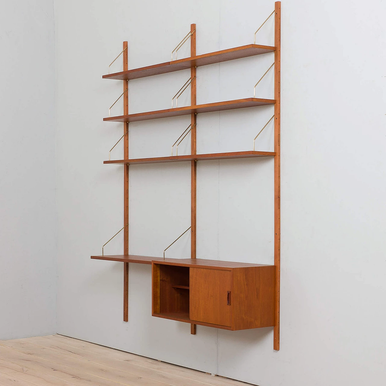 Two-bay teak wall with cabinet and modular shelves in Poul Cadovius style, 1960s 8