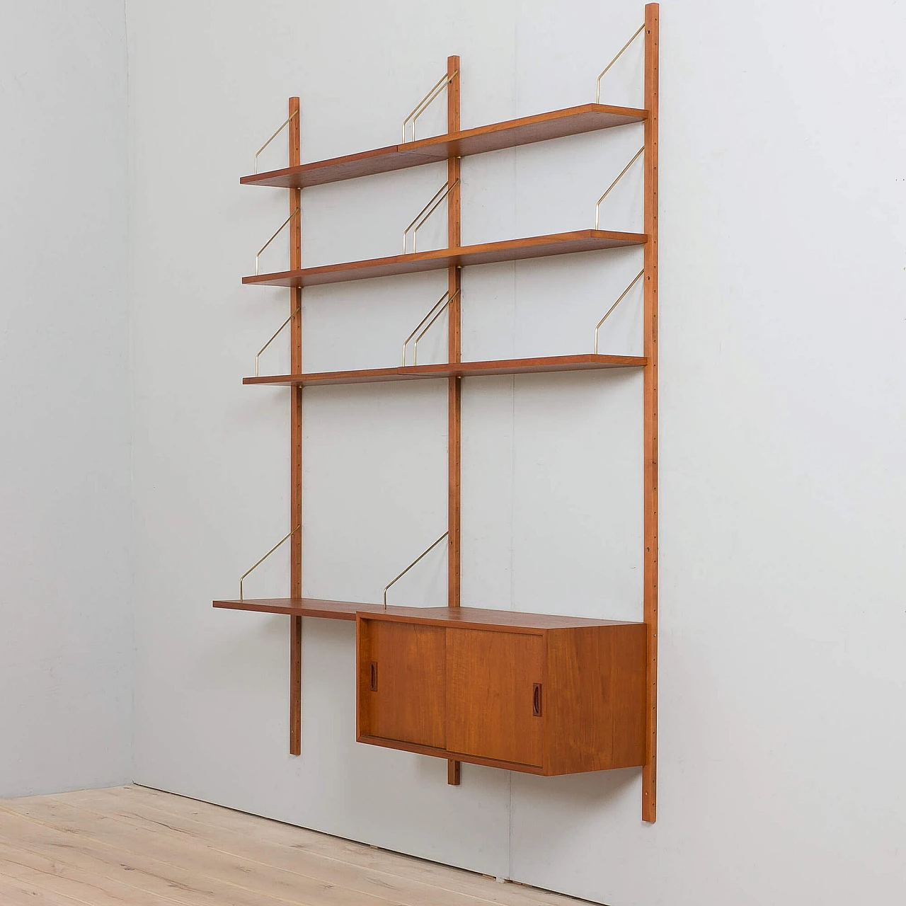 Two-bay teak wall with cabinet and modular shelves in Poul Cadovius style, 1960s 9