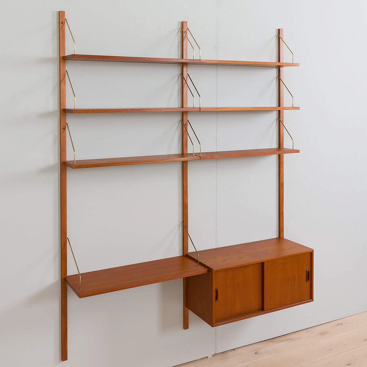 Two-bay teak wall with cabinet and modular shelves in Poul Cadovius style, 1960s 10