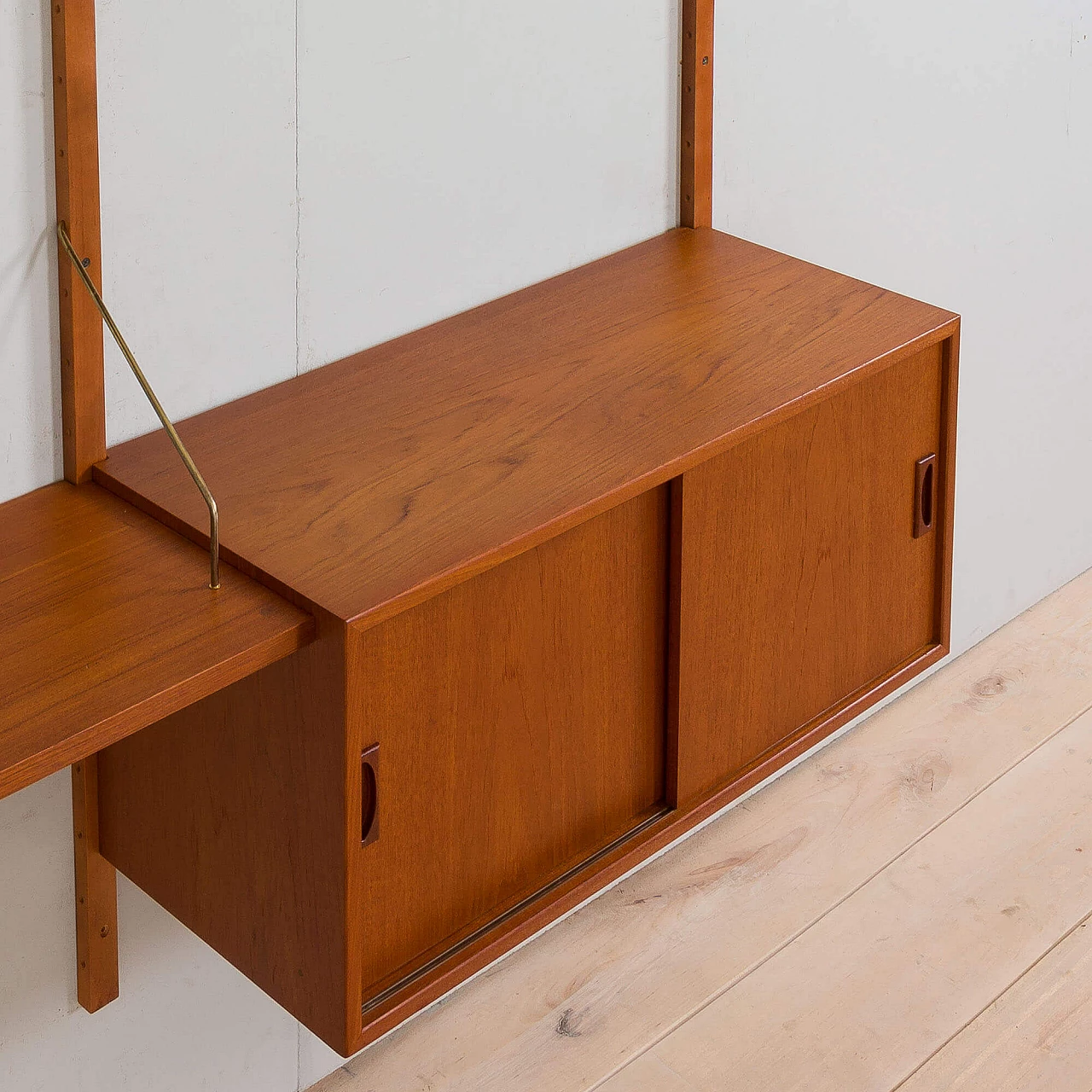 Two-bay teak wall with cabinet and modular shelves in Poul Cadovius style, 1960s 12