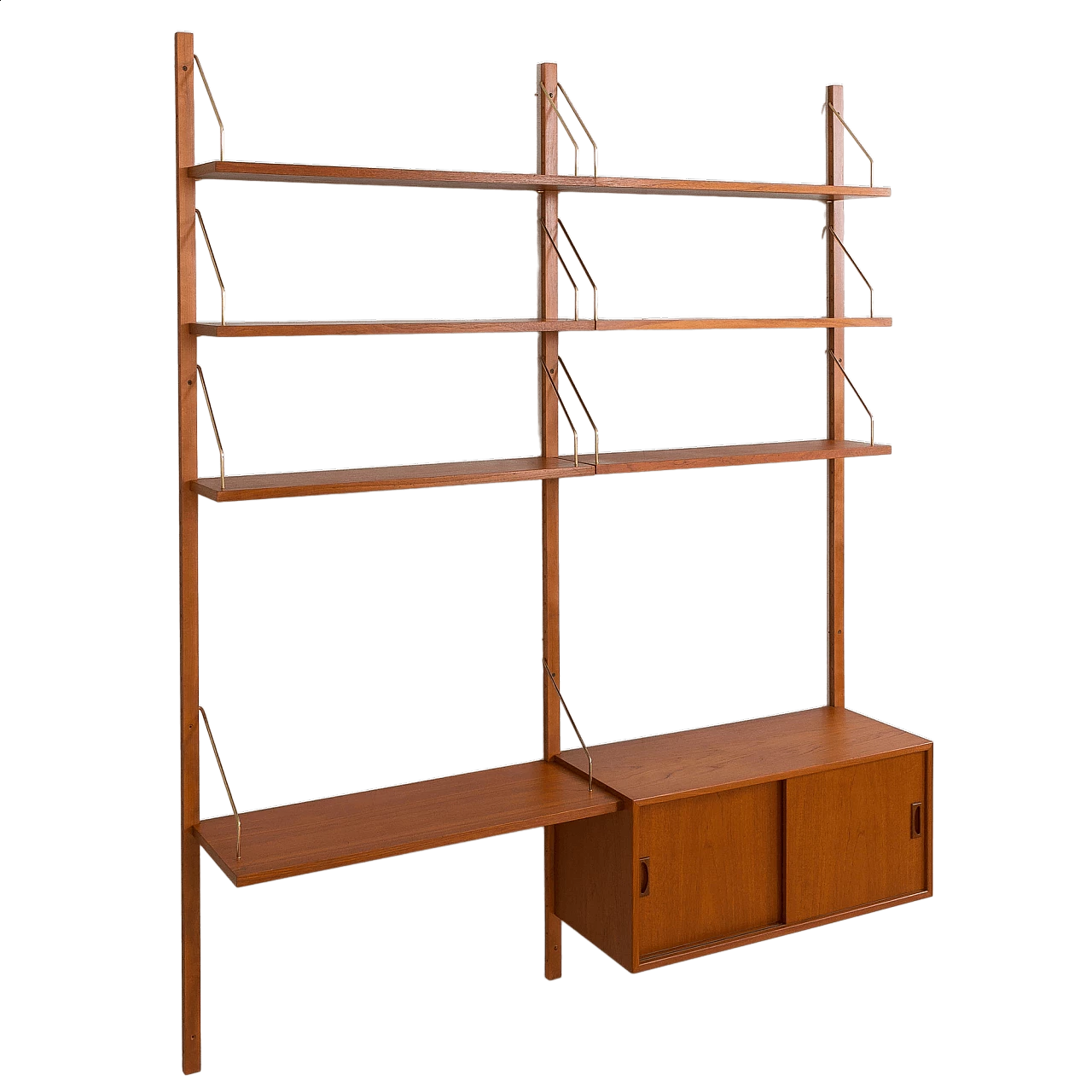 Parete in teak a due campate con armadio e scaffali modulari in stile Poul Cadovius, anni '60 19