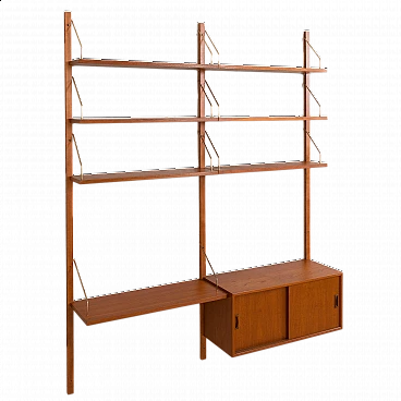 Two-bay teak wall with cabinet and modular shelves in Poul Cadovius style, 1960s