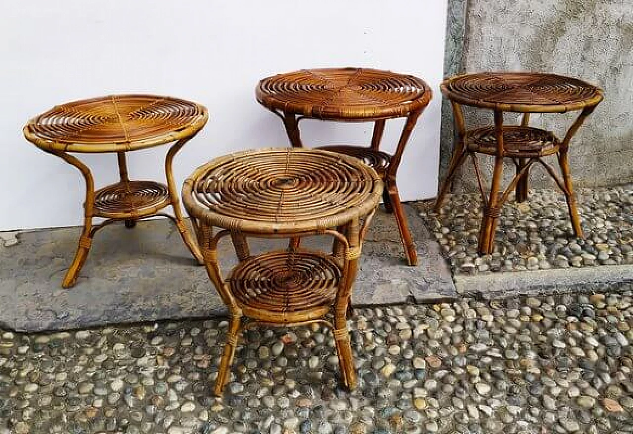 4 Round wicker side tables, 1950s 1